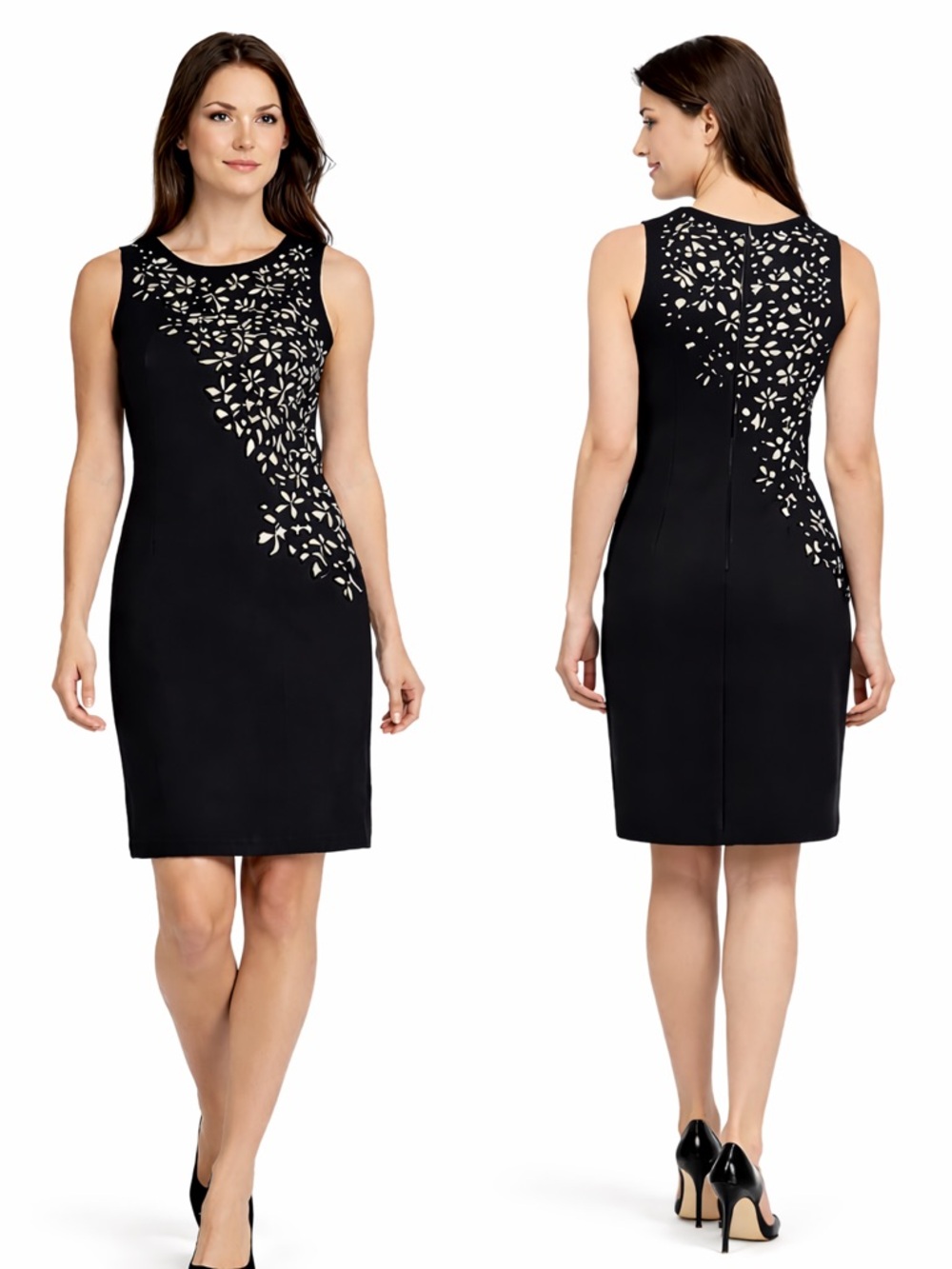 Calvin Klein Black Midi Sheath Dress with Cream Floral Cutouts - Picture 2 of 12